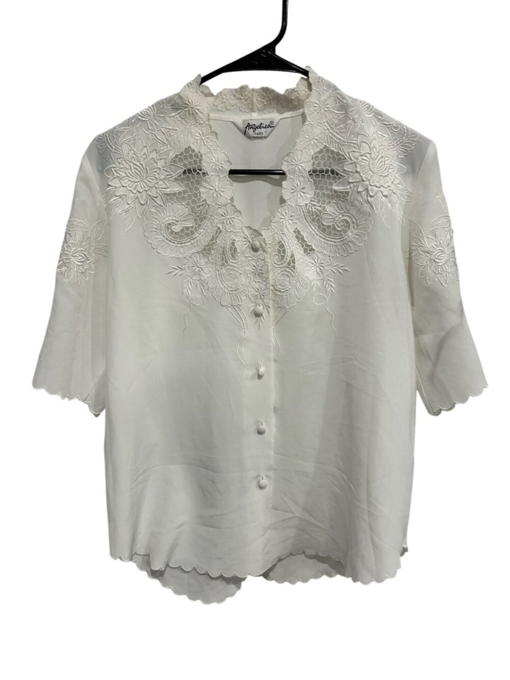 Angelica Paris Large White Floral Embroidered Blouse Scalloped Floralcore Boho